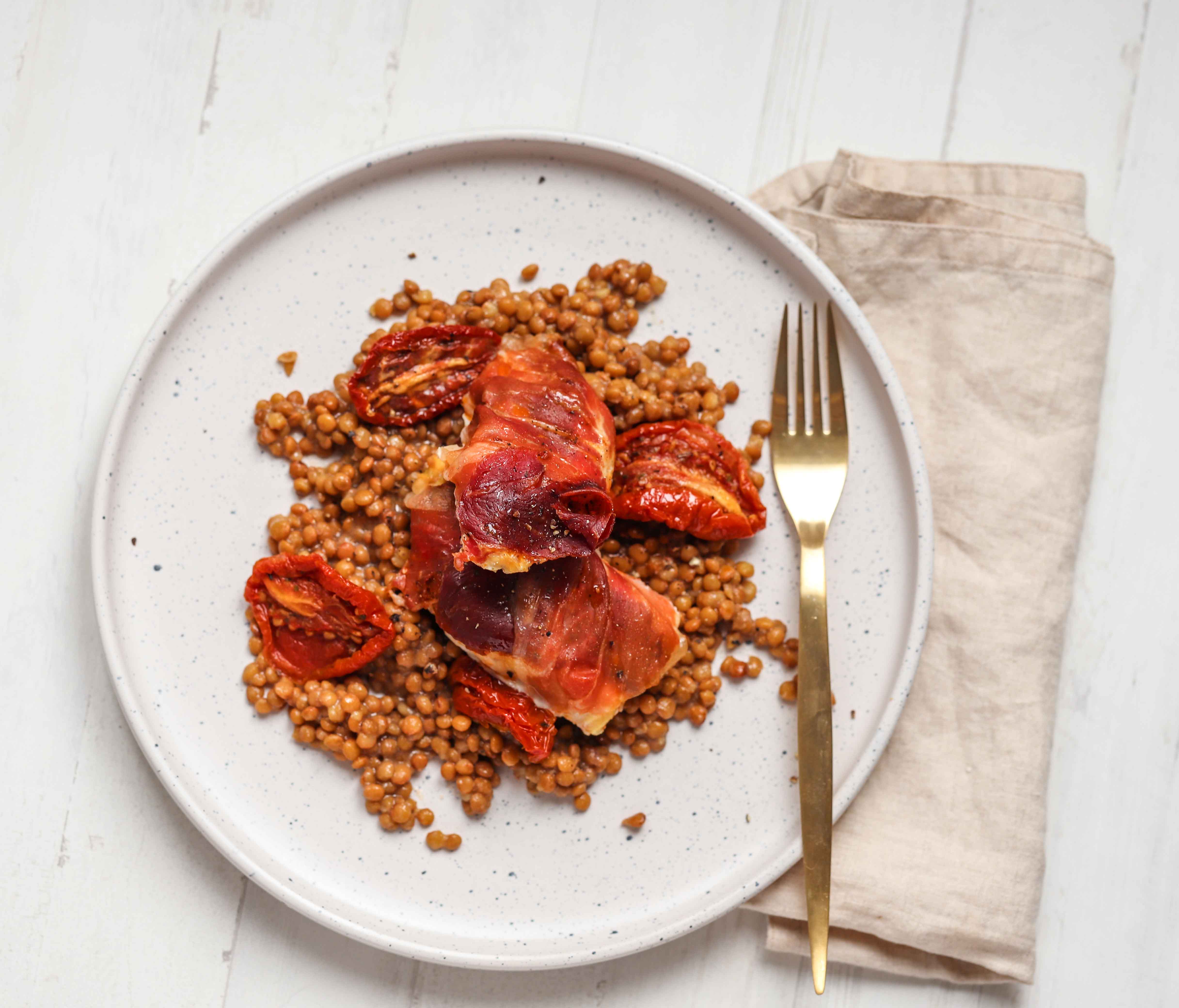 Prosciutto Wrapped Chicken with Lentils