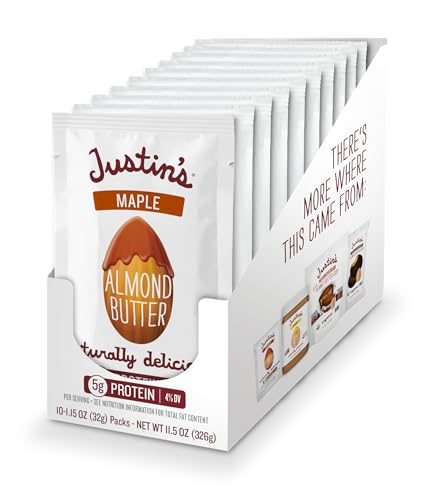 Justin's Maple Almond Butter Squeeze Packs, Gluten-Free, Non-GMO, Responsibly Sourced, 1.15 Ounce (10 Pack)