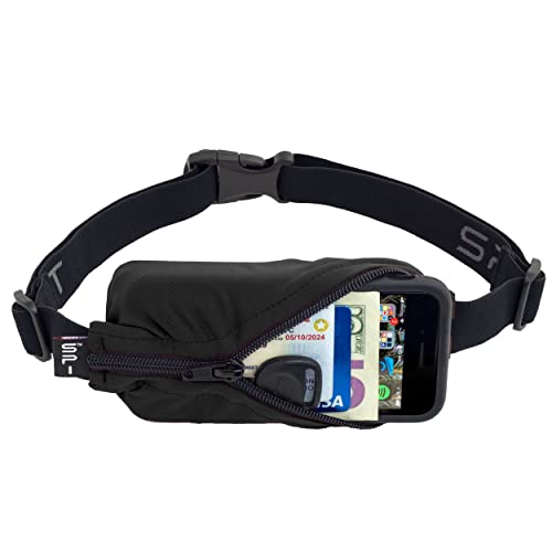 SPIbelt Original Pocket Running Belt for Women Men, Phone Holder for Running, Running Fanny Pack, Holder for Phone, Running Waist Pack, Pouch Expands, Adjustable, Black/Black Zipper