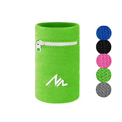 NEWZILL Wrist Wallet (Wristband) with Zipper - Cotton Sweatbands for Men & Women, Ideal for Running, Walking, Basketball, Football, Tennis, Hiking, Workout, and More (Long, Green)