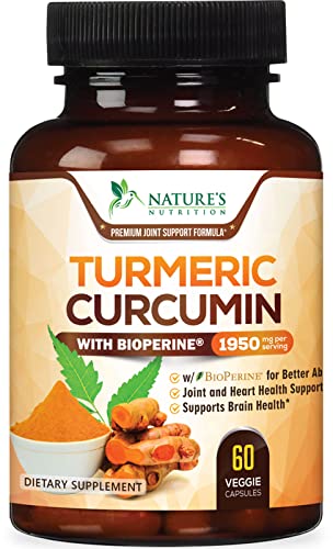Turmeric Curcumin with BioPerine 95% Standardized Curcuminoids 1950mg - Black Pepper Extract for Max Absorption, Nature's Joint Support Supplement, Herbal Turmeric Pills, Vegan Non-GMO - 60 Capsules