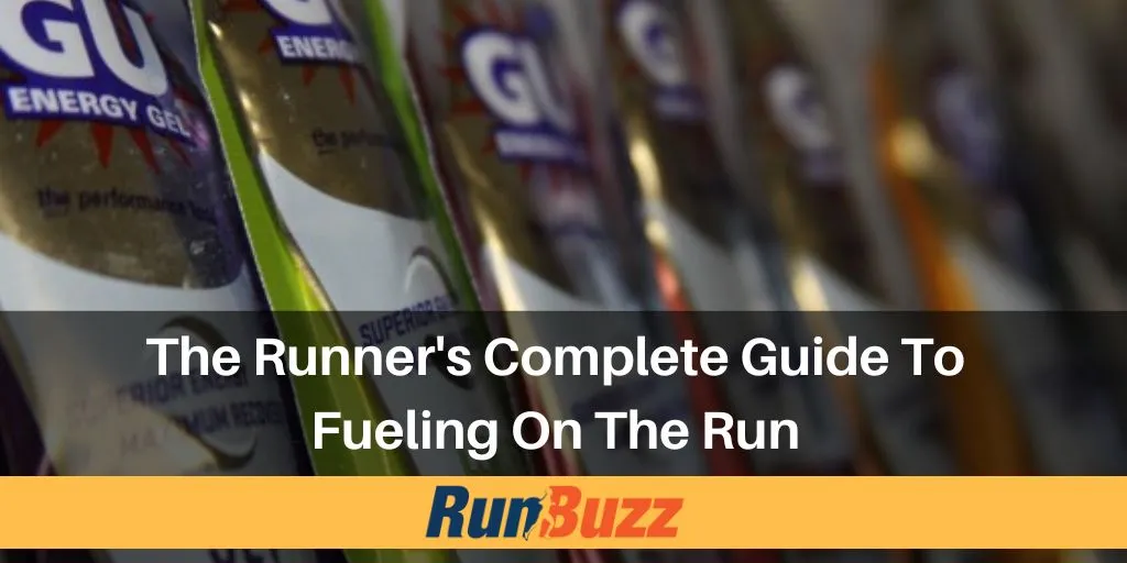 fueling on the run article cover image. Title text on image showing common gus and gels