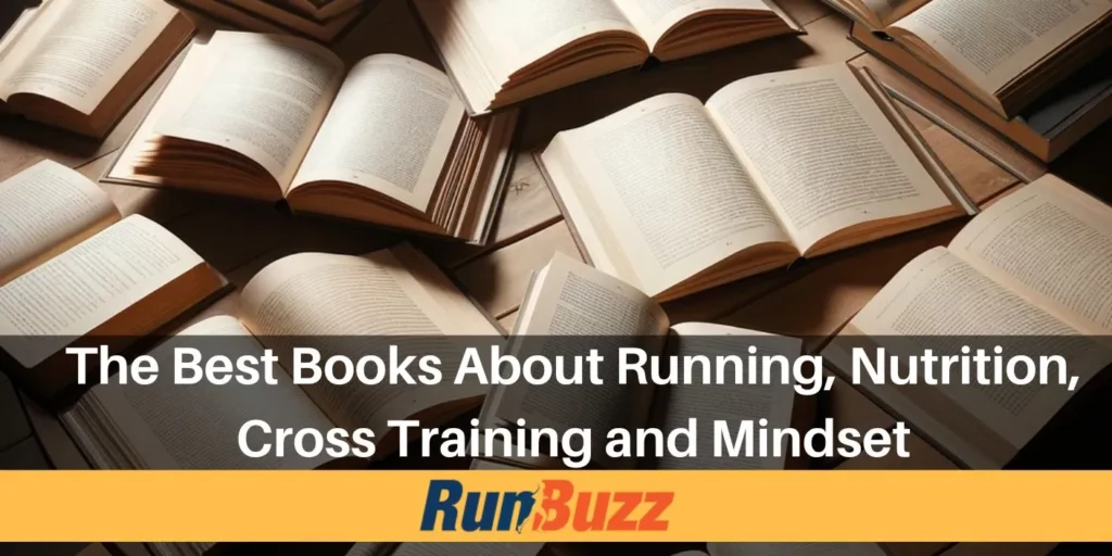 running books on a table - best books about running, nutrition, cross training and mindset - article cover image