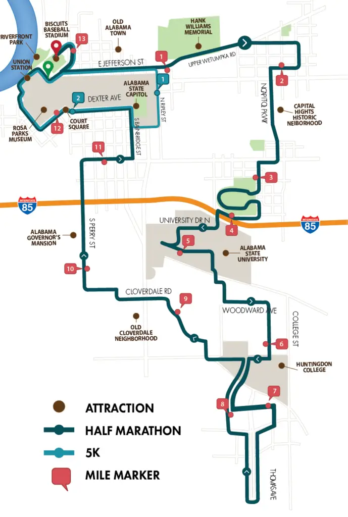 Montgomery Half Marathon and 5K Course Map